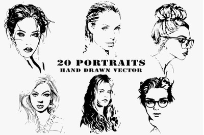 20 portraits of hand-drawn girls set