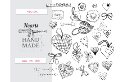 Hand drawn sewing hearts. Set of vector monochrome items.