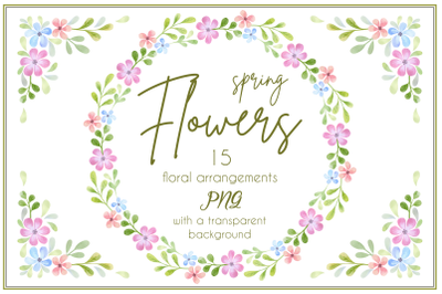 Spring flowers. Watercolor wreaths and bouquets.