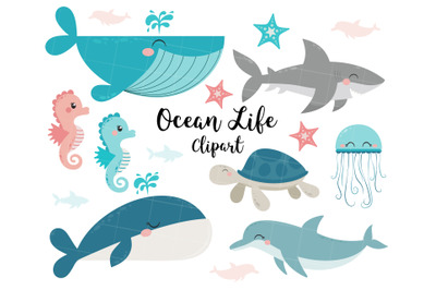 Ocean Life Clipart, Shark, Whale, Jellyfish, Dolphin, Sea Horse,