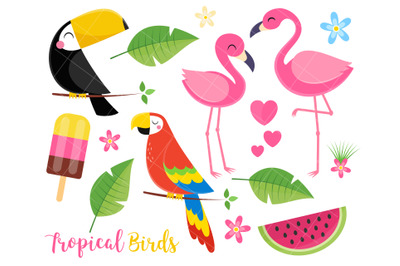 Tropical Summer Clipart, Toucan, Birds, Flamingo, Parrot, Tropical