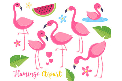 Flamingo Clipart, Tropical Summer Clipart, Birds, Tropical plants,