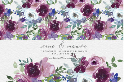 Wine &amp; Mauve Watercolor Floral Clipart Set