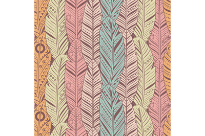 Hand drawn feathers seamless pattern. Vintage texture for textile, pri