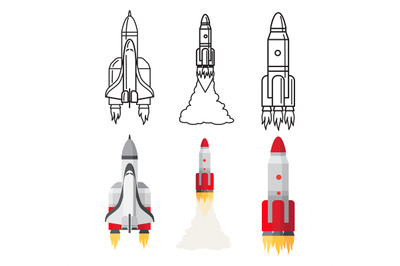 Cartoon and doodle line space rockets set vector illustration