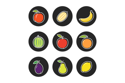 Fruit outline icons on chalk rounds of set