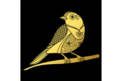 Gold ornate doodle bird on black backdrop