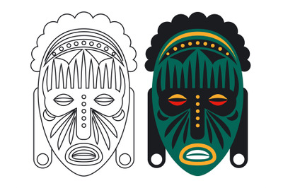 Outline and color african mask isolated on white