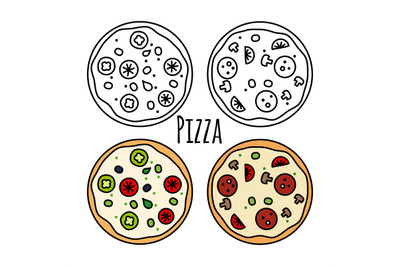 Pizza icons set. Coloring fast food vector illustration