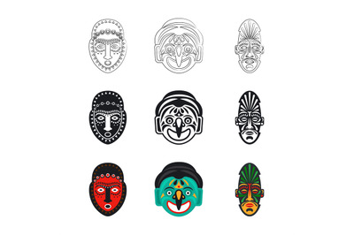 Set of tribal african mask icons isolated on white background