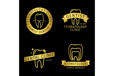 Gold stomatology, dental clinic line vector logo templates on black ba