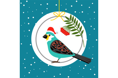 Bird in Santa hat winter card