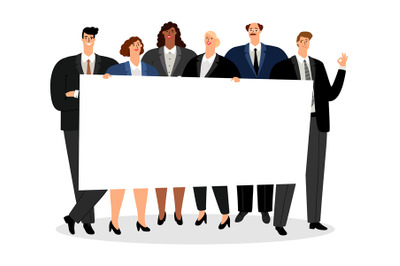 Business people holding blank banner