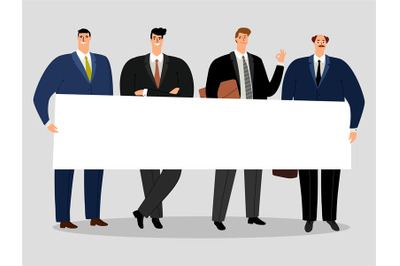 Businessmen holding banner. Group of male activists vector illustratio