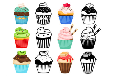 Cupcake colorful and silhouettes set