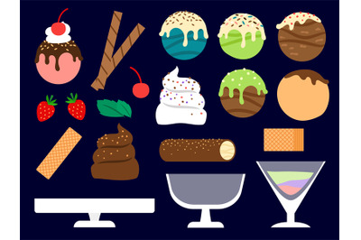 Dessert maker vector illustration. Ice cream balls, berries, waffels a