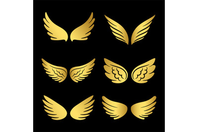 Golden wings vector collection. Angels wings isolated on black backgro