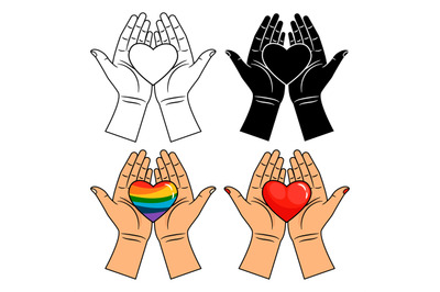 Hands and heart icons - line, colorful, rainbow and red heart in hands