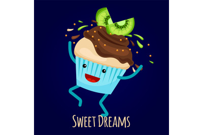 Happy kiwi cupcake with choco splashes - bakery card vector design