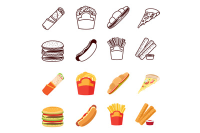 Line and flat fastfood icons set