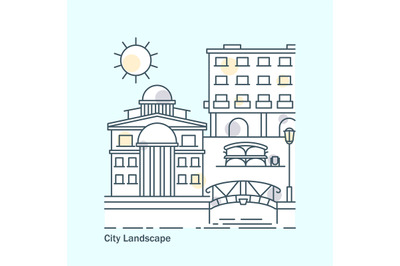 Line city landscape banner with buildings flat