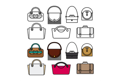 Purses and bags flat vector design. Line and color bags icons