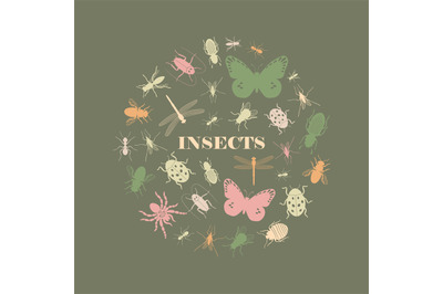 Vintage insect icons round shape