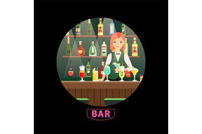 Bar and girl bartender vector round banner