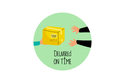 Delivered on time vector icon with package and hands