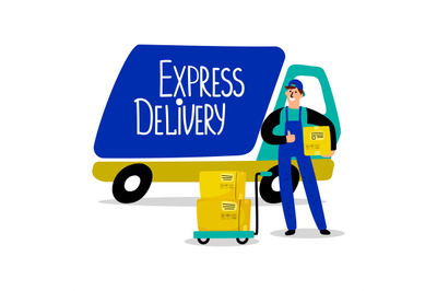 Express delivery track, delivery man and parcels vector illustration