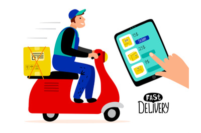 Fast paid delivery vector concept. Delivery man drive scooter illustra