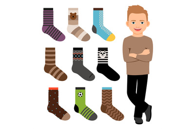 Happy cartoon character boy and male style socks vector collection