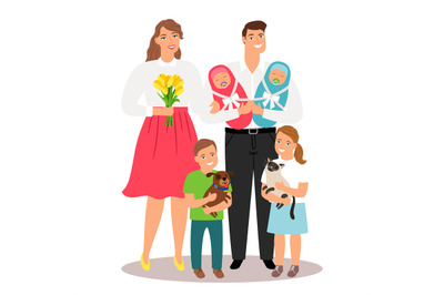 Happy family with new born twins and pets vector illustration