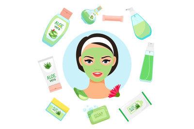 Happy girl with facial mask. Organic cosmetics vector illustration