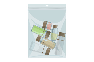 Liquid cabin size plastic bag with cosmetics bottles vector