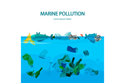 Marine pollution vector illustration with water and garbage