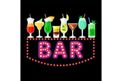 Neon bar sign with colorful cocktails vector design