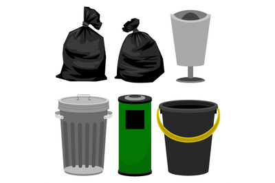 Plastic and metallic bins, black plastic bags for garbage