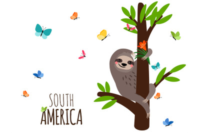 South America welcome banner with sloth&2C; flowers and butterflies