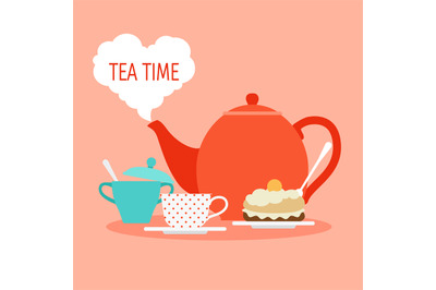 Tea time vector concept. Breakfast or lunch illustration with tea and