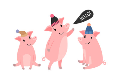 Three piggy in winter hats