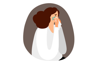 Upset woman is crying vector illustration. Influenza, allergy or sadne