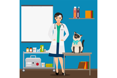 Veterinarian and cat in doctor office vector illustration