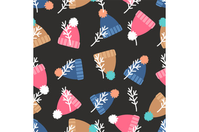 Warm winter hats with pompon seamless pattern