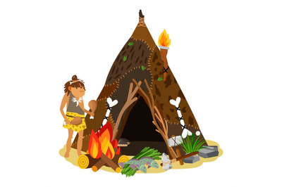 Young ancient girl cooking at open fire. Cave, stone age house, primit