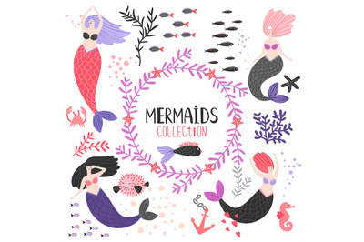 Cartoon character mermaids and fishes