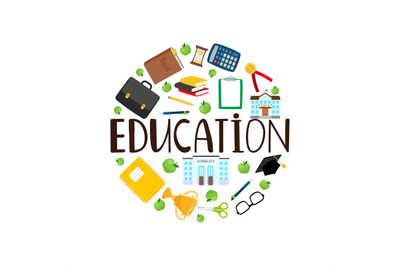 Education round banner with stationery