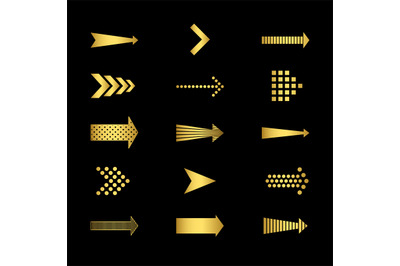 Golden arrows icons on black background vector set