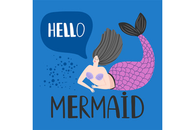 Hello card with happy mermaid vector template