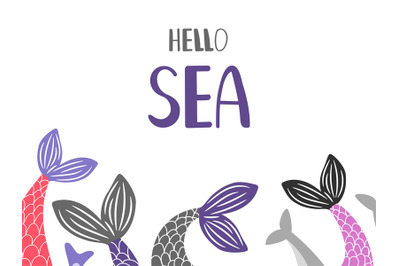 Hello Sea background with mermaid and fish tails vector